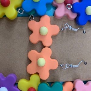 Orange flower silver dangle earrings